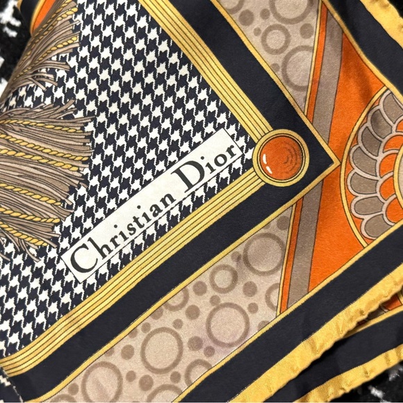 Christian Dior AUTHENTIC Herringbone Logo Vintage Silk Scarf Navy Orange Cream - Picture 8 of 16